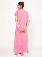 The Kaftan Company Nightdress Pink Viscose-Linen Nightdress – Hand-Embroidered Placket