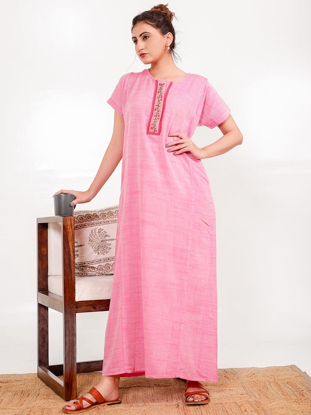 The Kaftan Company Nightdress Pink Viscose-Linen Nightdress – Hand-Embroidered Placket