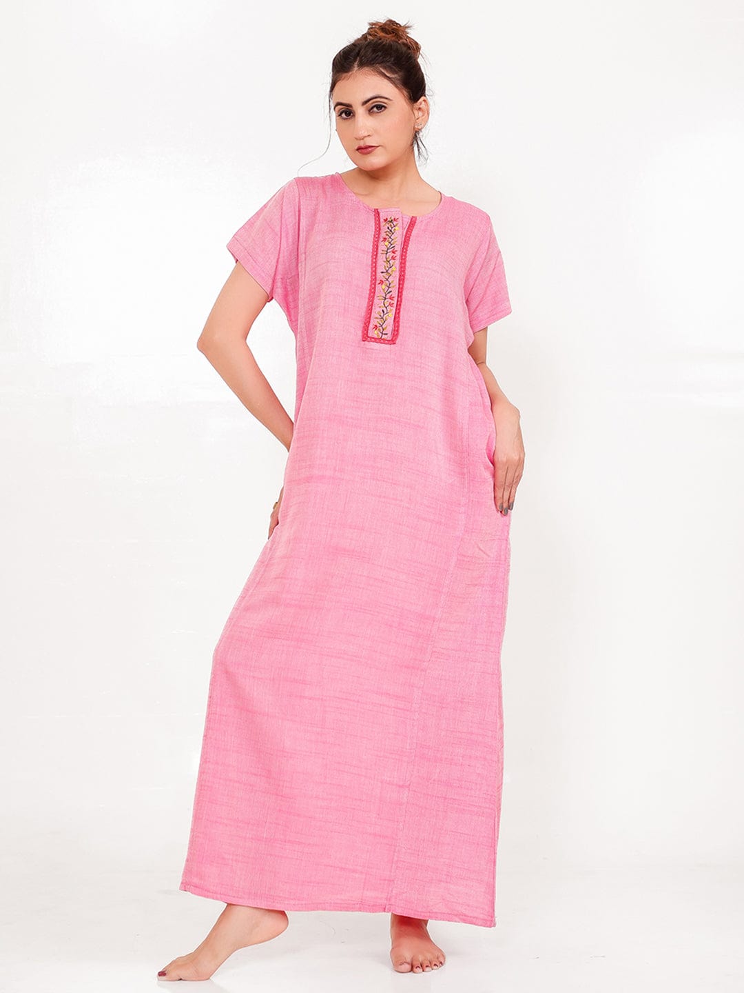 The Kaftan Company Nightdress Pink Viscose-Linen Nightdress – Hand-Embroidered Placket