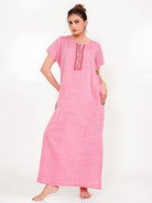 The Kaftan Company Nightdress Pink Viscose-Linen Nightdress – Hand-Embroidered Placket