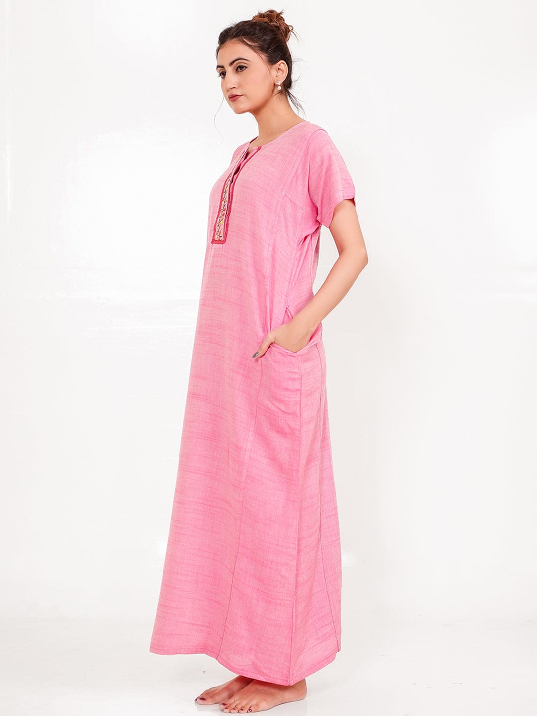 The Kaftan Company Nightdress Pink Viscose-Linen Nightdress – Hand-Embroidered Placket