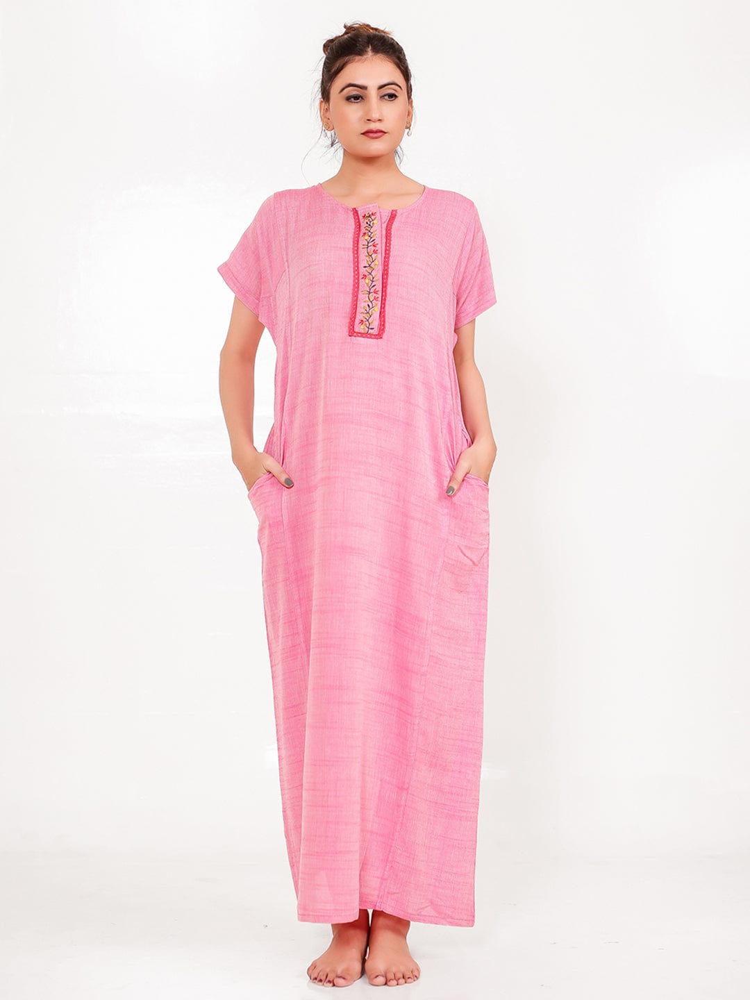 The Kaftan Company Nightdress Pink Viscose-Linen Nightdress – Hand-Embroidered Placket