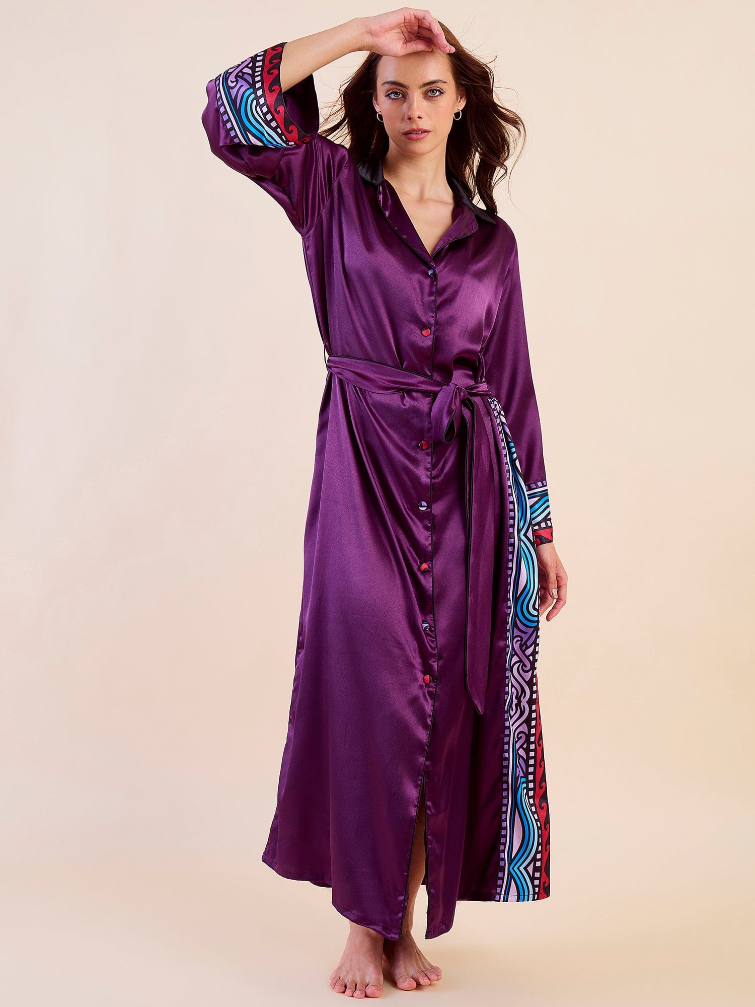 Plum Satin Button-Down Nightdress with Printed Cuffs – Intimare Bridal  Collection S