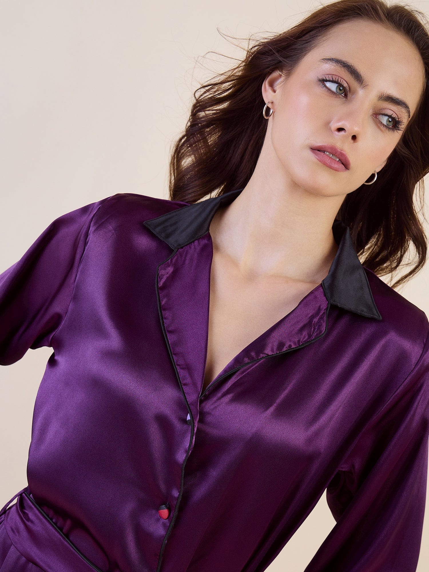 Plum Satin Button-Down Nightdress with Printed Cuffs – Intimare