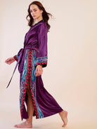 The Kaftan Company Nightdress Plum Satin Button-Down Nightdress with Printed Cuffs – Intimare Bridal Collection