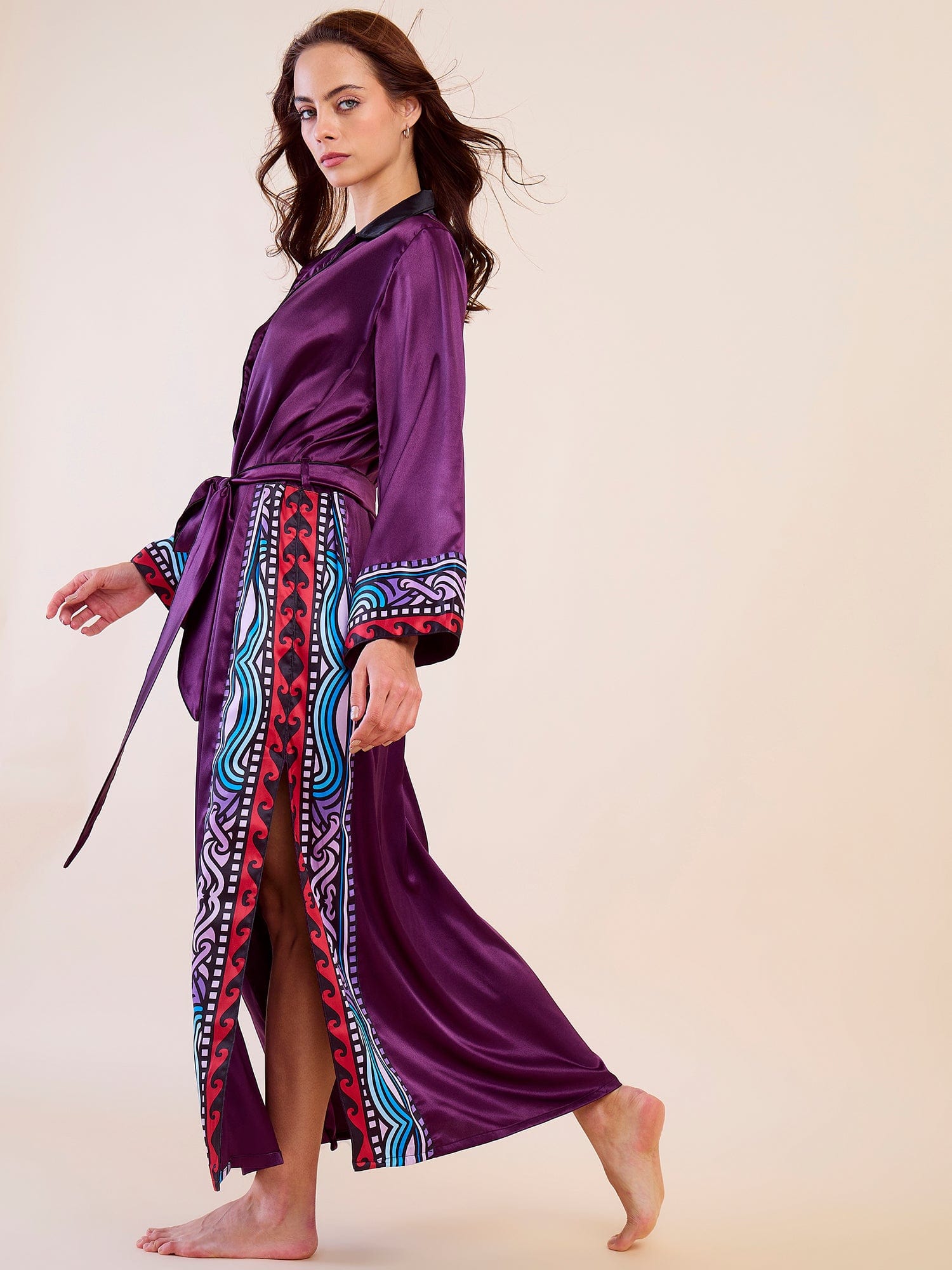 The Kaftan Company Nightdress Plum Satin Button-Down Nightdress with Printed Cuffs – Intimare Bridal Collection