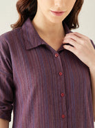 The Kaftan Company Nightdress Plum Striped Handloom Cotton Nightdress with Collar and Pockets