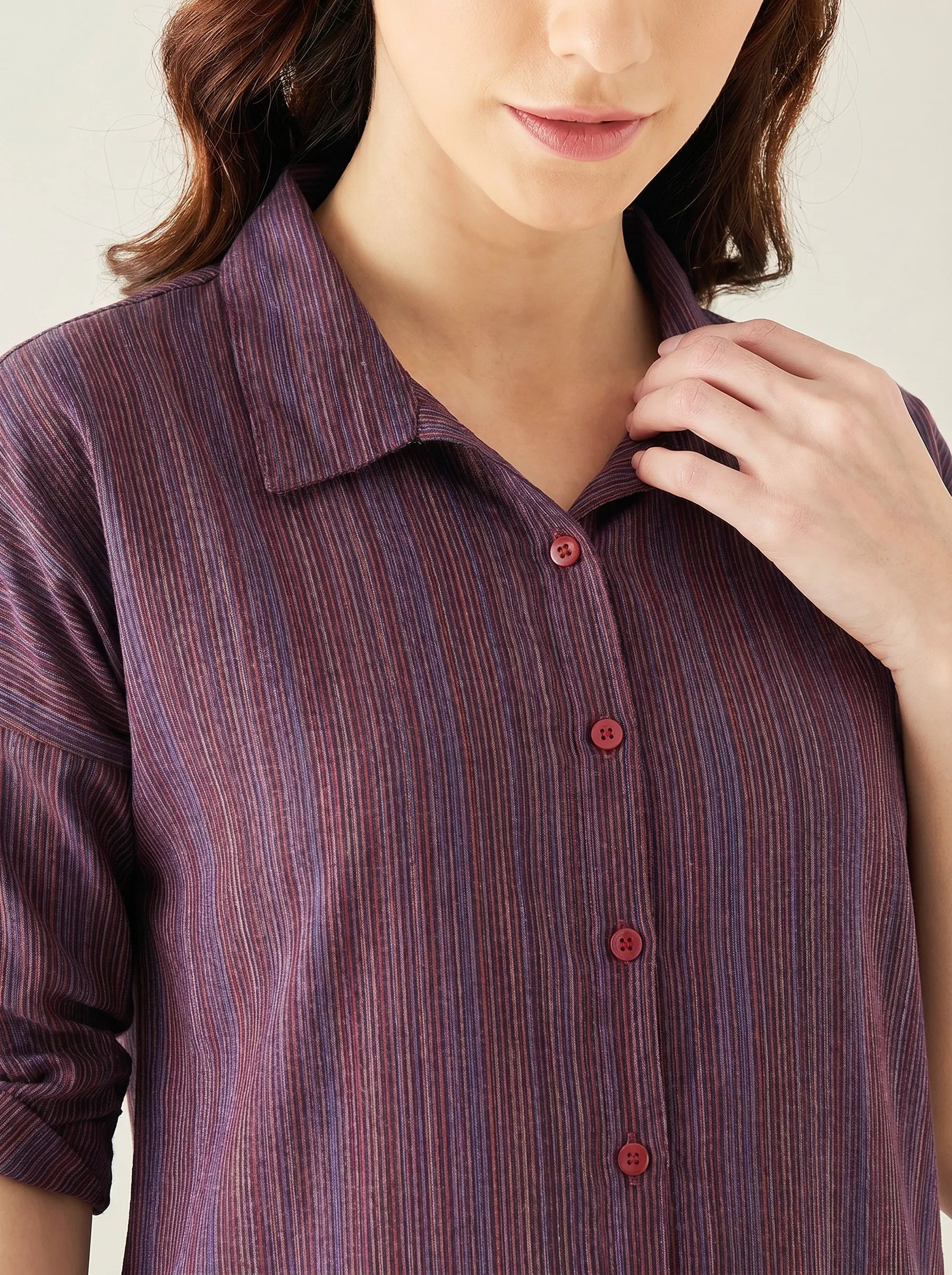 The Kaftan Company Nightdress Plum Striped Handloom Cotton Nightdress with Collar and Pockets
