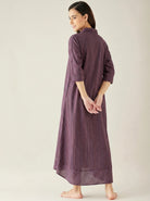 The Kaftan Company Nightdress Plum Striped Handloom Cotton Nightdress with Collar and Pockets
