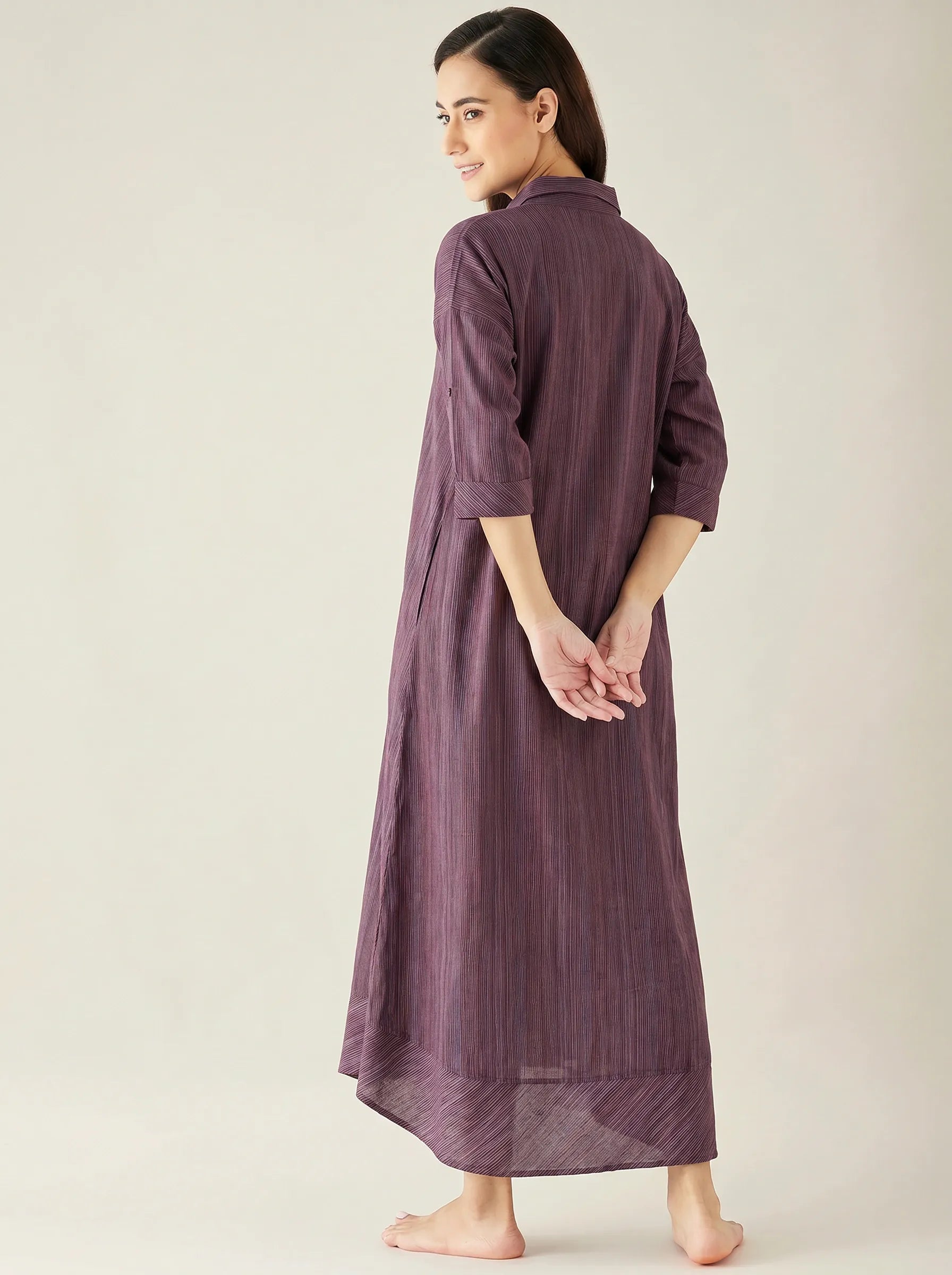 The Kaftan Company Nightdress Plum Striped Handloom Cotton Nightdress with Collar and Pockets