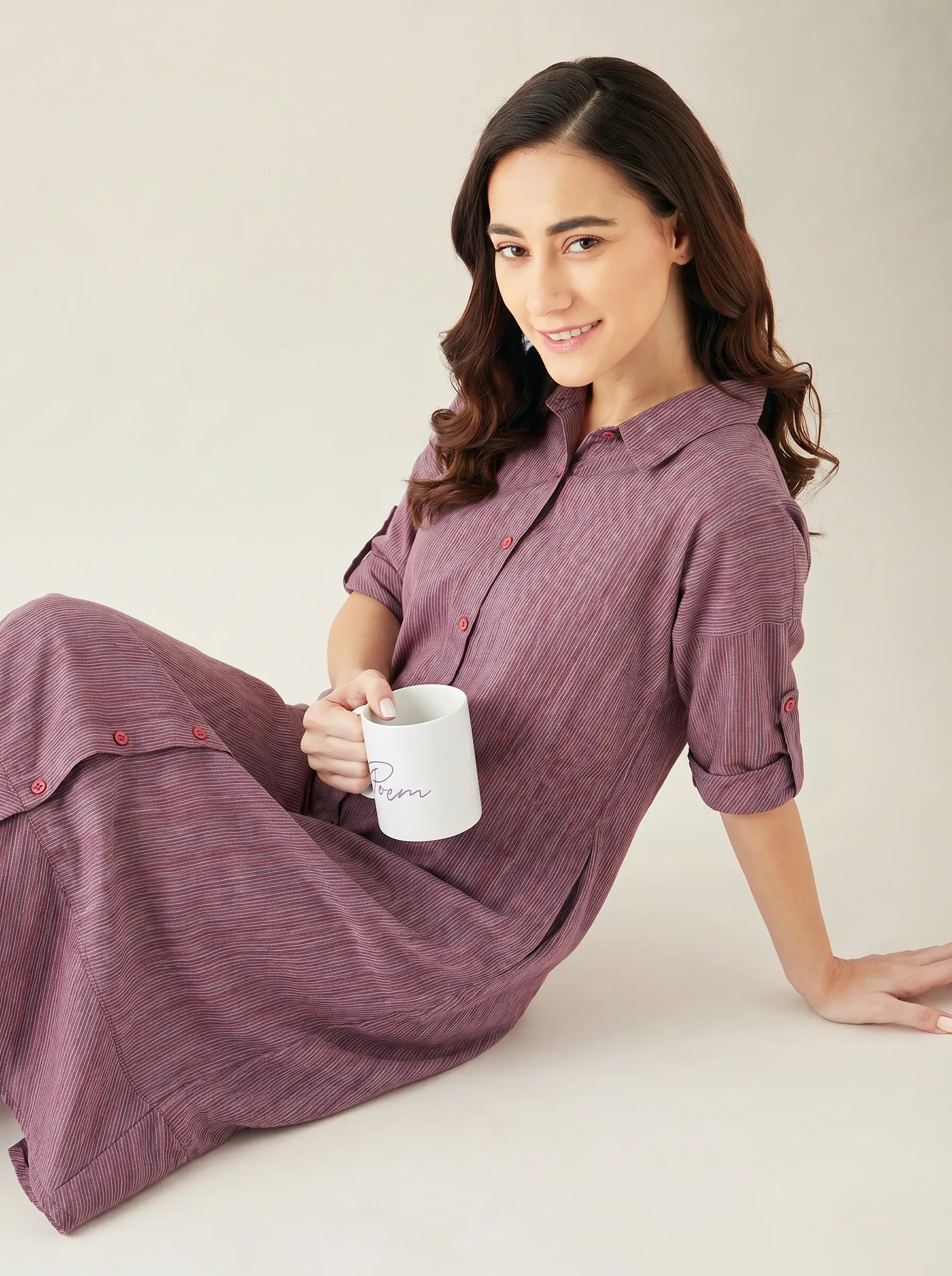 The Kaftan Company Nightdress Plum Striped Handloom Cotton Nightdress with Collar and Pockets