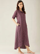 The Kaftan Company Nightdress Plum Striped Handloom Cotton Nightdress with Collar and Pockets