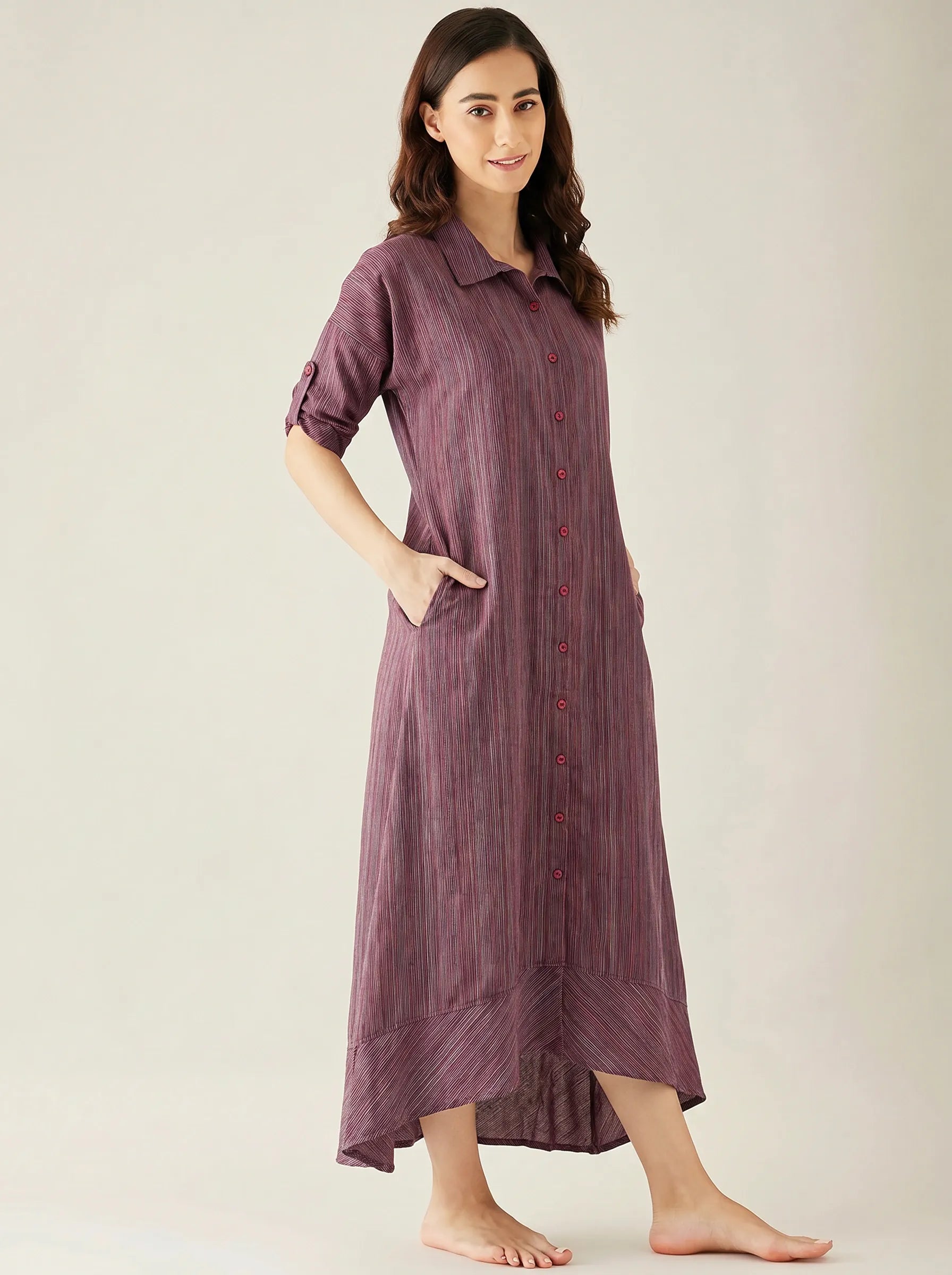 The Kaftan Company Nightdress Plum Striped Handloom Cotton Nightdress with Collar and Pockets