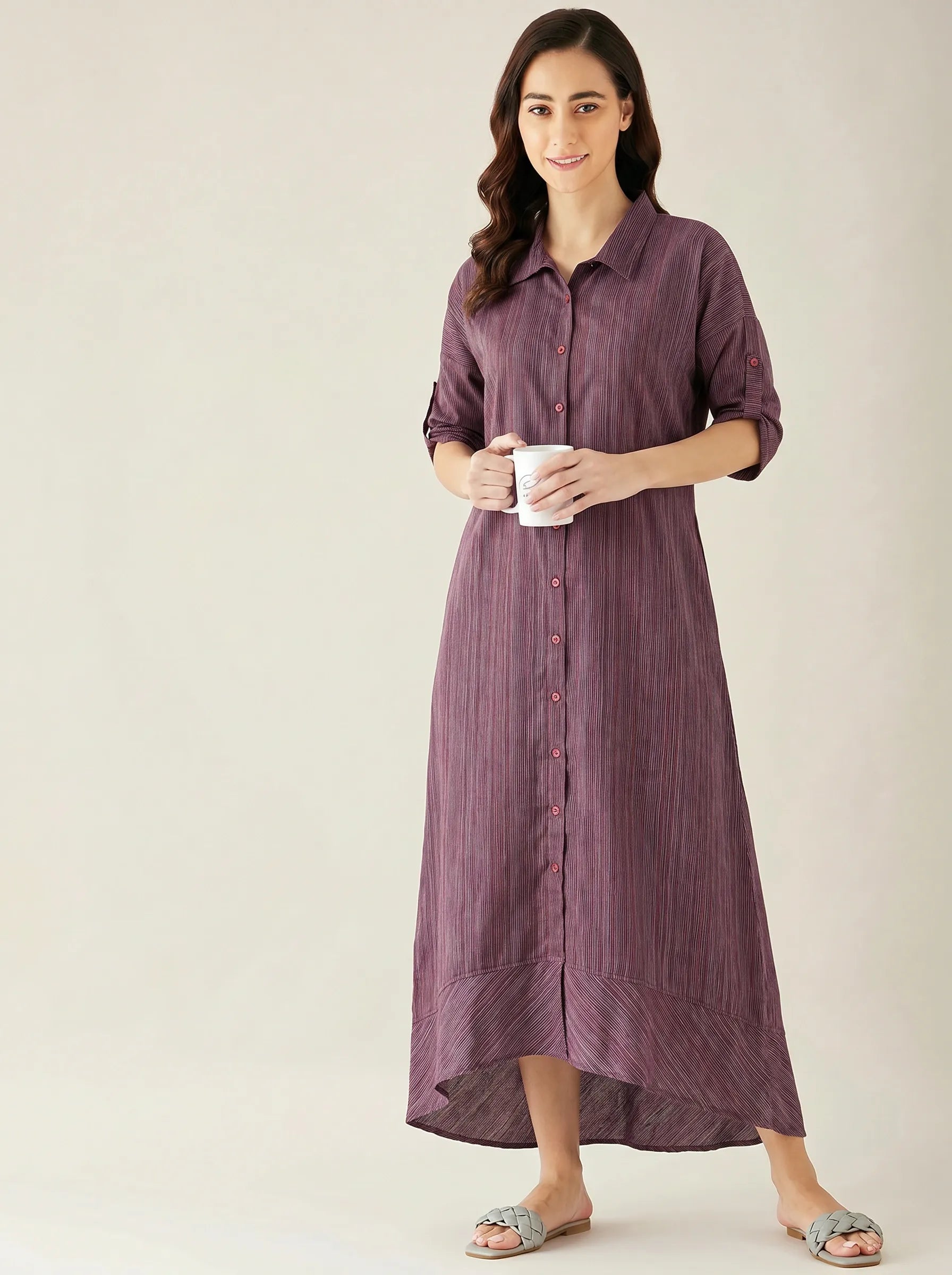 The Kaftan Company Nightdress Plum Striped Handloom Cotton Nightdress with Collar and Pockets