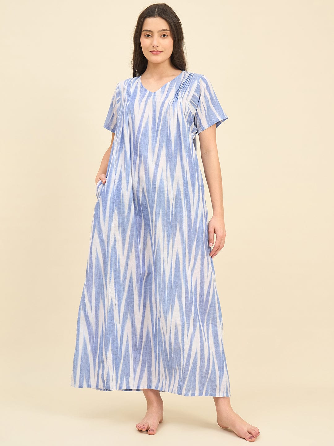 The Kaftan Company Nightdress Purple Ikat Handloom Cotton Nightdress – Relaxed Maxi Fit with Pockets