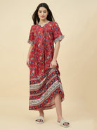 The Kaftan Company Nightdress Red Floral Cotton Viscose Nightdress – Pintuck Front & Pockets