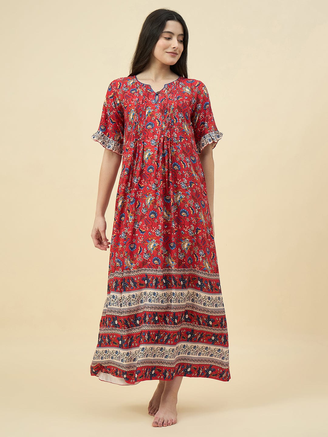 The Kaftan Company Nightdress Red Floral Cotton Viscose Nightdress – Pintuck Front & Pockets