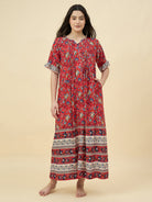 The Kaftan Company Nightdress Red Floral Cotton Viscose Nightdress – Pintuck Front & Pockets