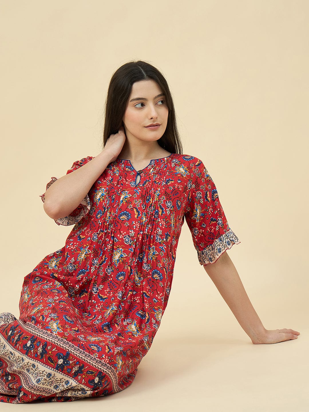 The Kaftan Company Nightdress Red Floral Cotton Viscose Nightdress – Pintuck Front & Pockets