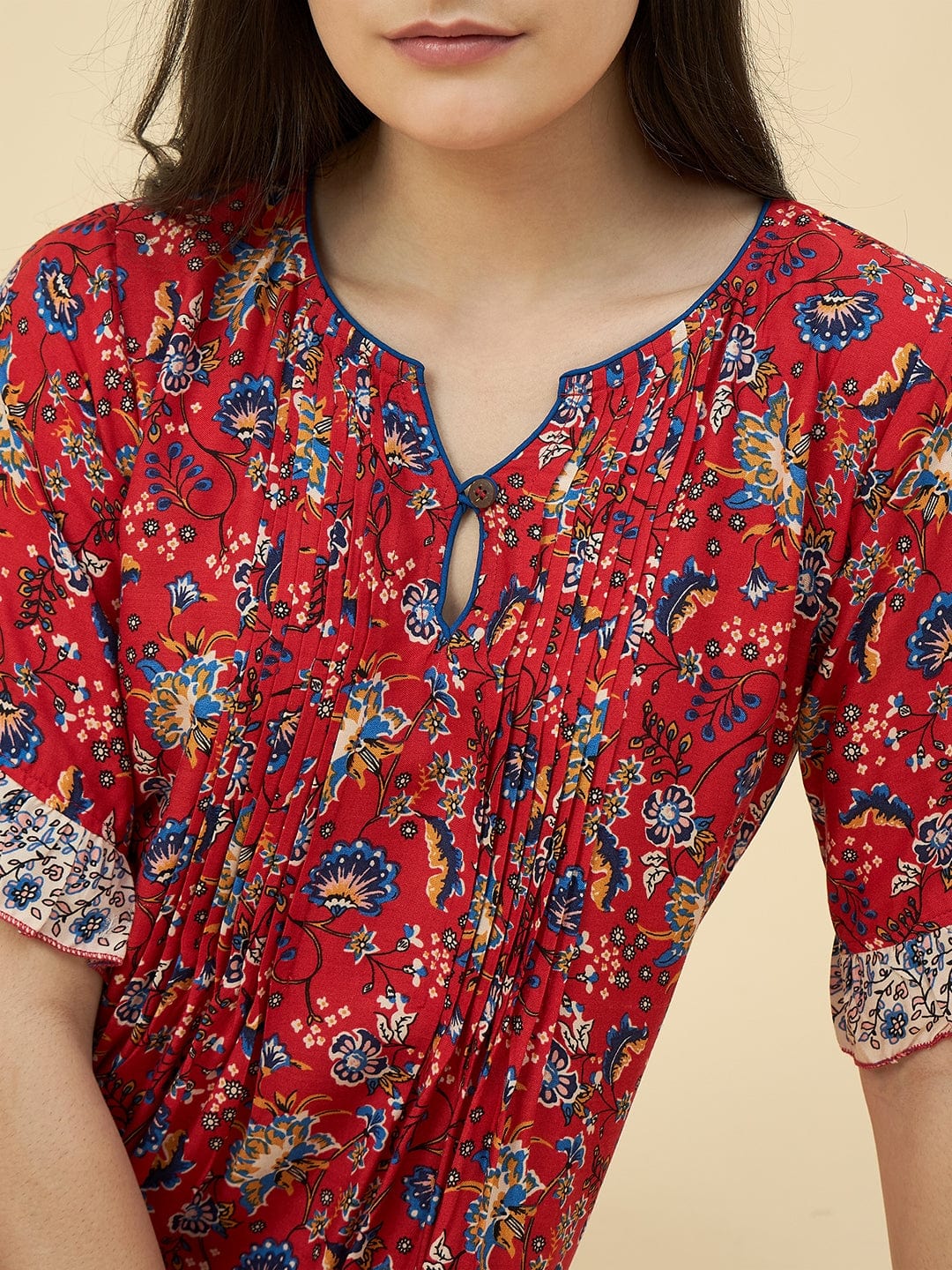 The Kaftan Company Nightdress Red Floral Cotton Viscose Nightdress – Pintuck Front & Pockets