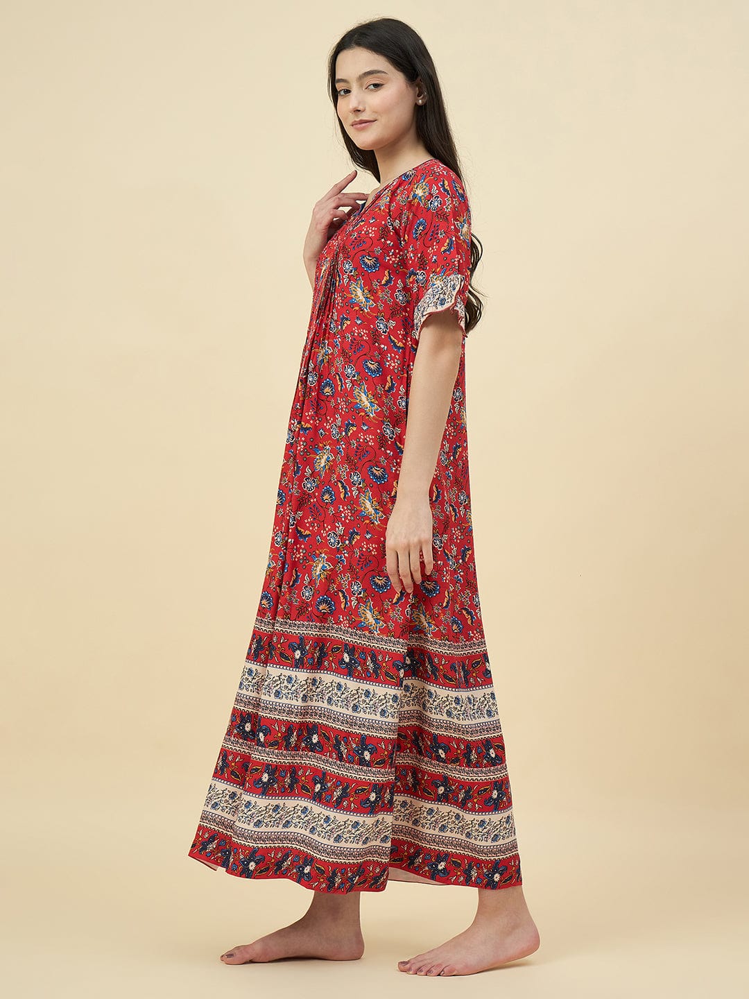 The Kaftan Company Nightdress Red Floral Cotton Viscose Nightdress – Pintuck Front & Pockets