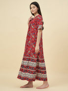 The Kaftan Company Nightdress Red Floral Cotton Viscose Nightdress – Pintuck Front & Pockets