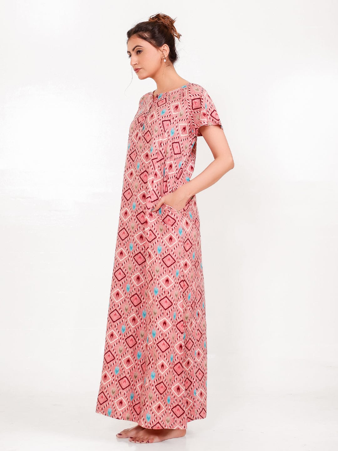The Kaftan Company Nightdress Rose Ikat Printed Viscose Rayon Nightdress