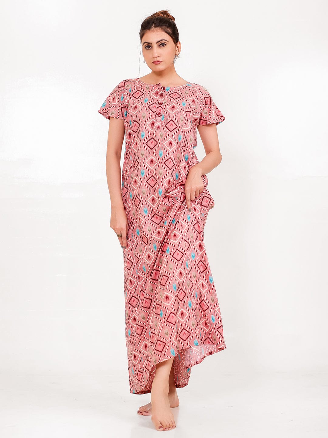 The Kaftan Company Nightdress Rose Ikat Printed Viscose Rayon Nightdress