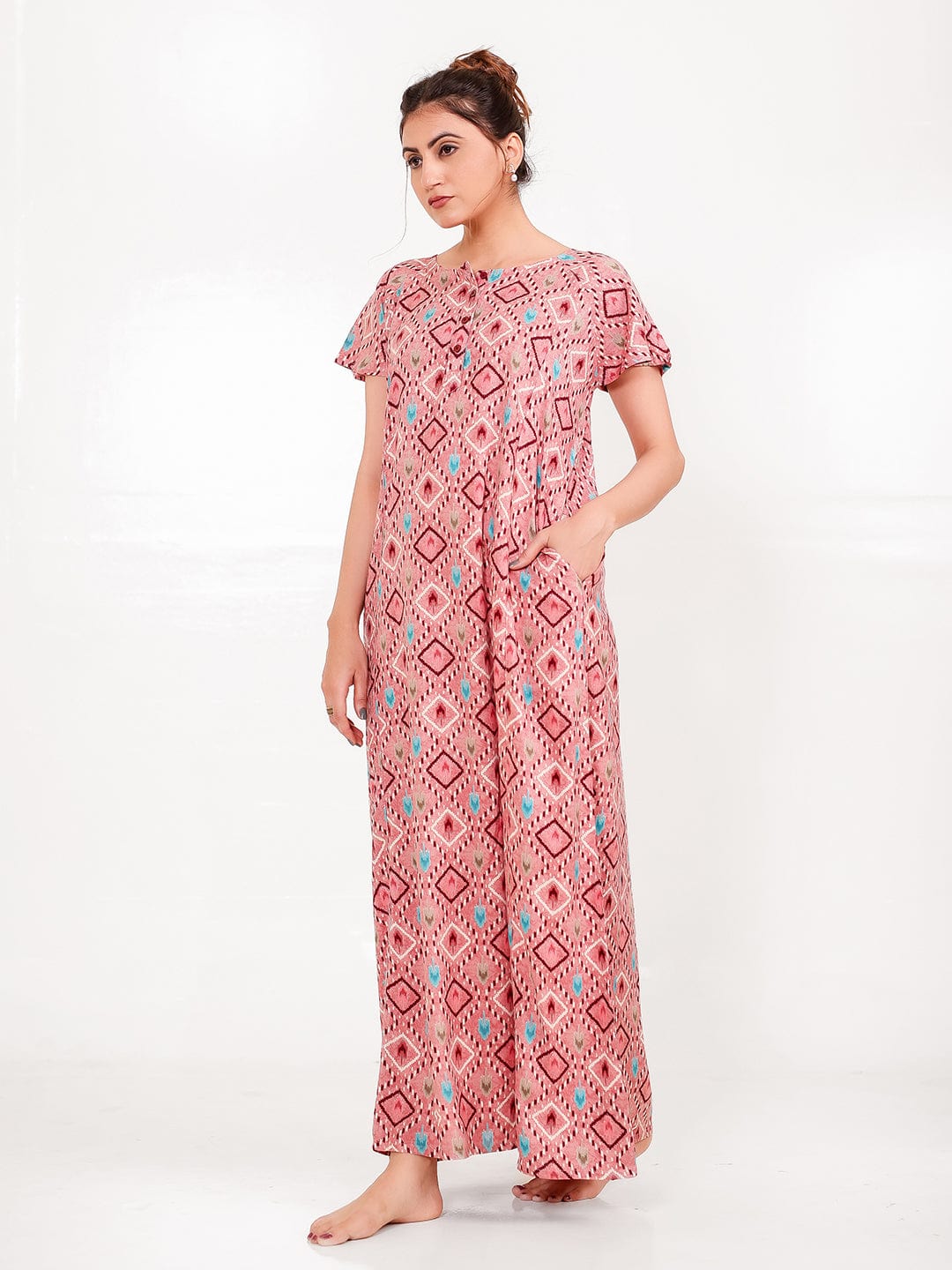 The Kaftan Company Nightdress Rose Ikat Printed Viscose Rayon Nightdress