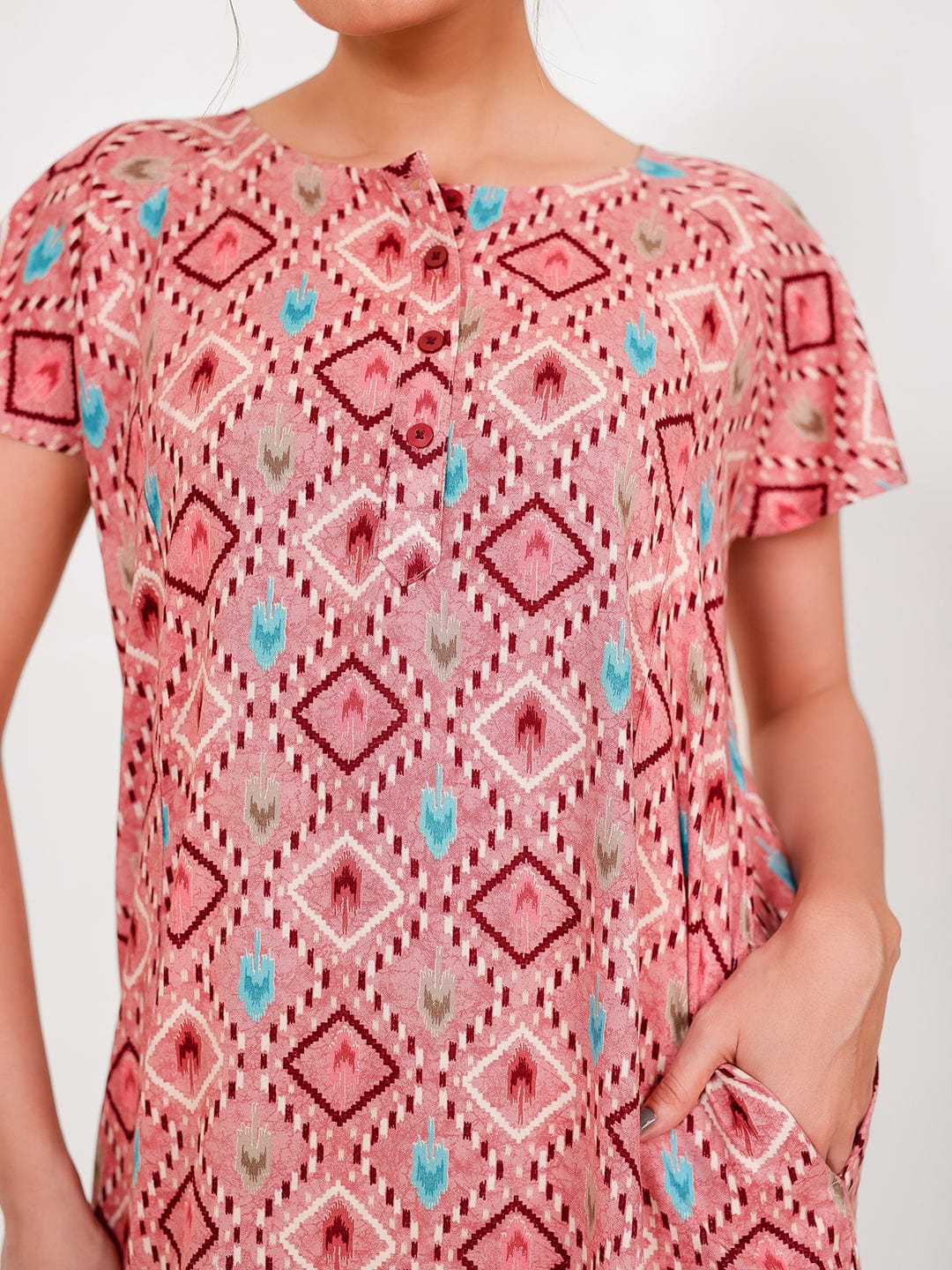 The Kaftan Company Nightdress Rose Ikat Printed Viscose Rayon Nightdress