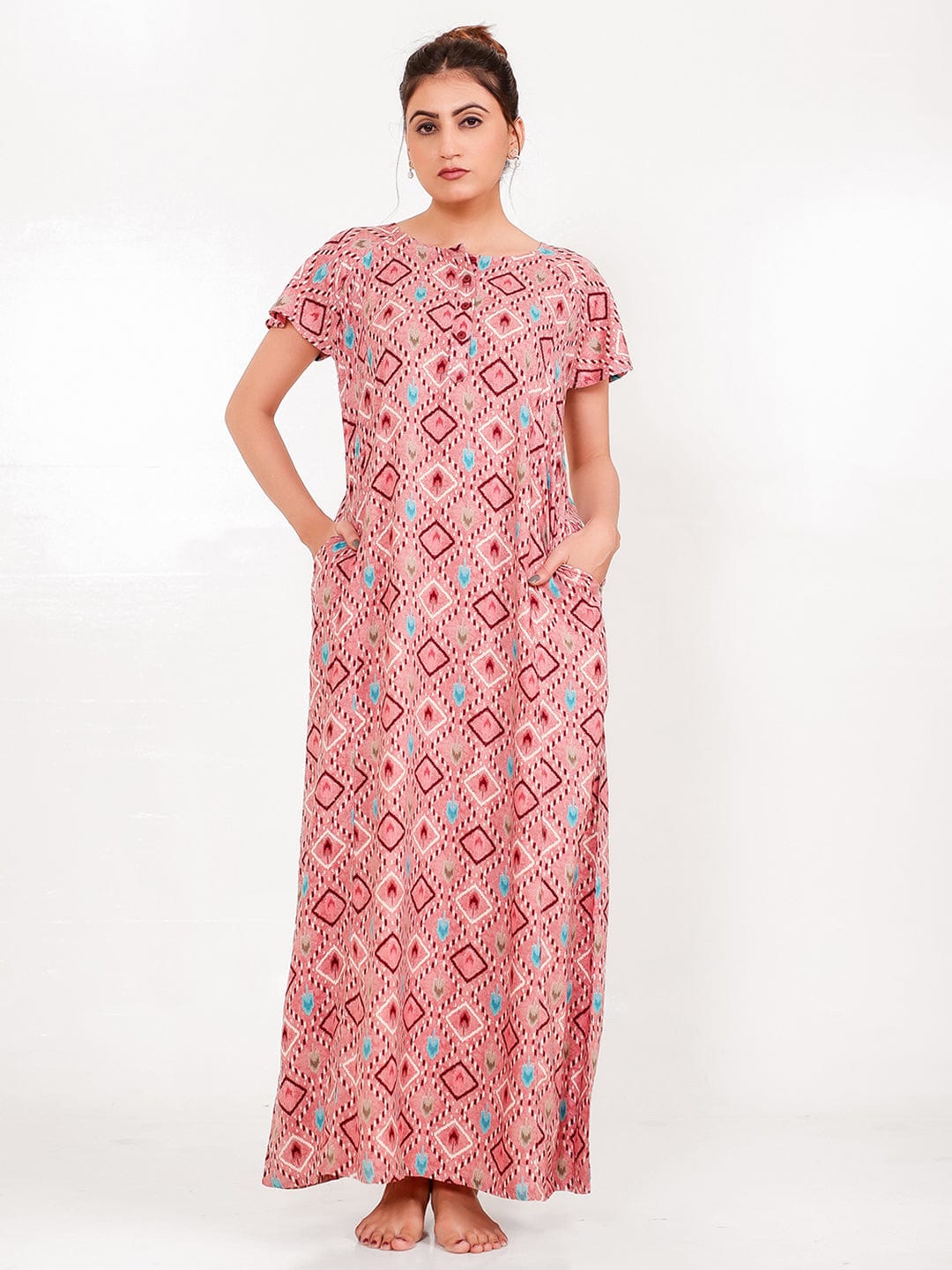 The Kaftan Company Nightdress Rose Ikat Printed Viscose Rayon Nightdress