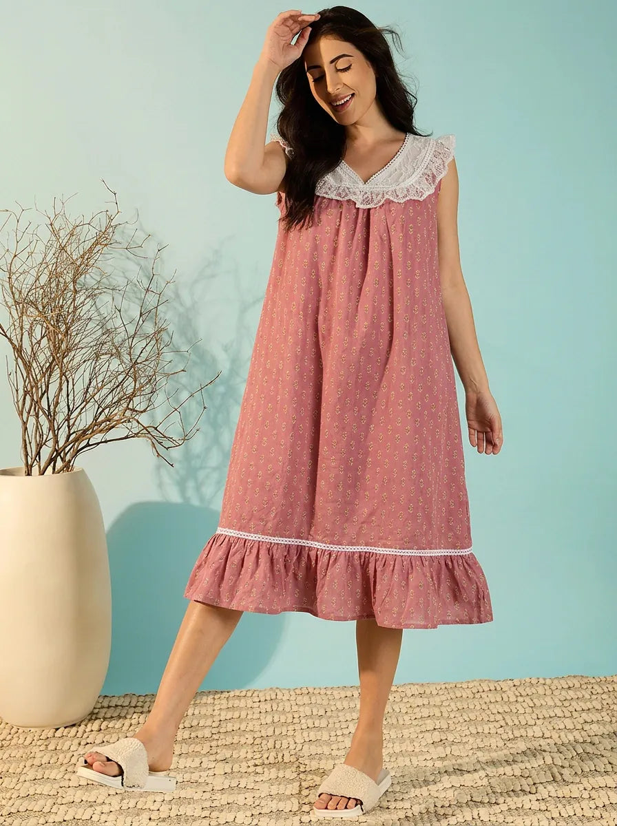 The Kaftan Company Nightdress Rose Pink Ditsy Print Cotton Nightdress with Lace Trim