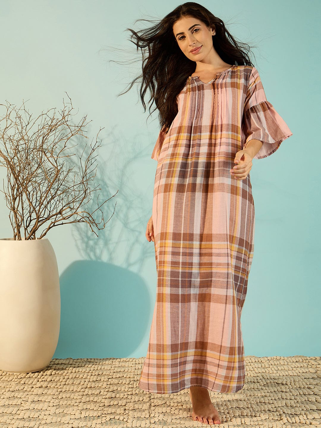 The Kaftan Company Nightdress Rustic Stripes Peach Soft Cotton Nightdress For Women