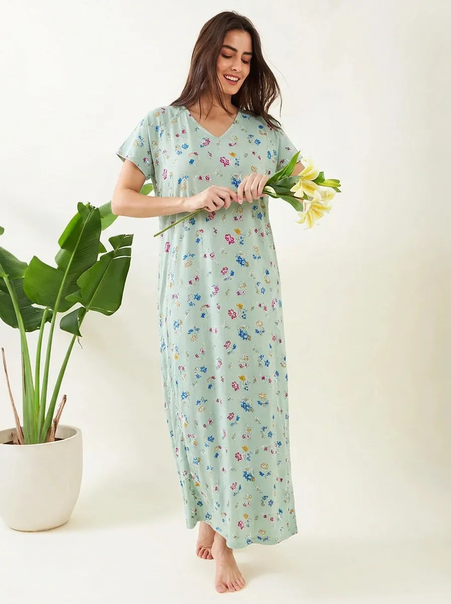 The Kaftan Company Nightdress Sage Green Multicolour Floral Print Maxi Nightdress