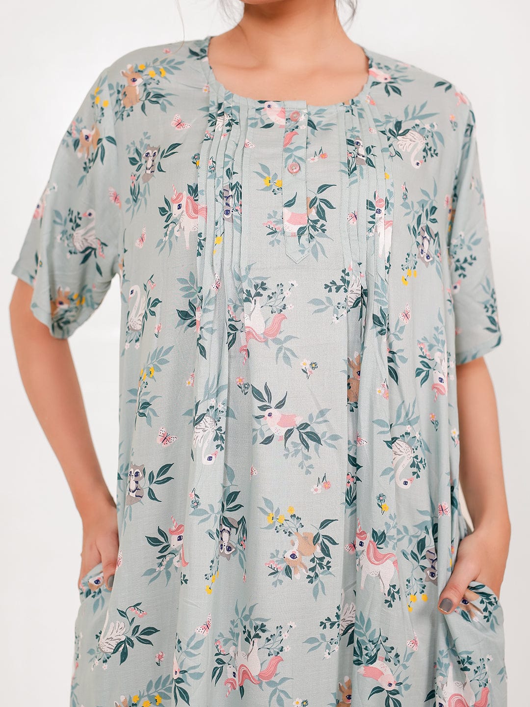 The Kaftan Company Nightdress Sage Print Viscose Rayon Nightdress