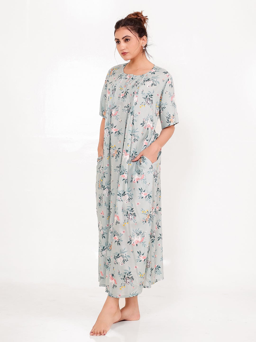 The Kaftan Company Nightdress Sage Print Viscose Rayon Nightdress