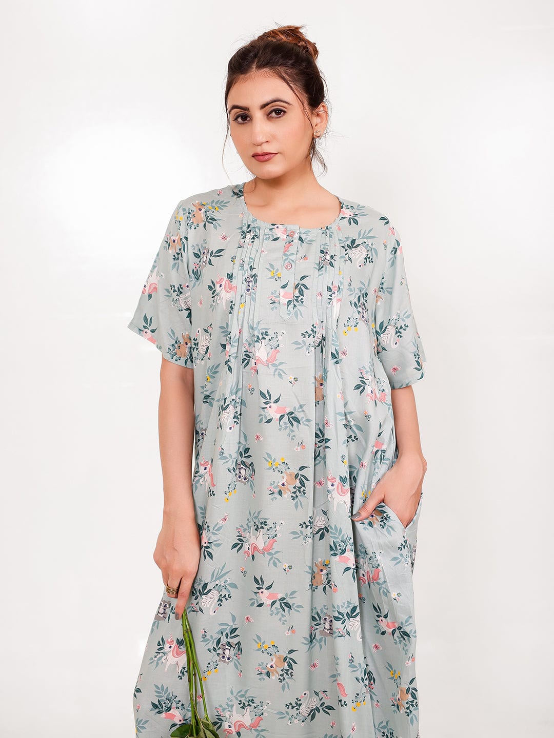 The Kaftan Company Nightdress Sage Print Viscose Rayon Nightdress