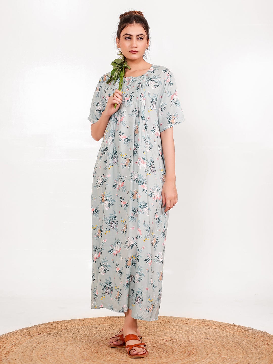 The Kaftan Company Nightdress Sage Print Viscose Rayon Nightdress