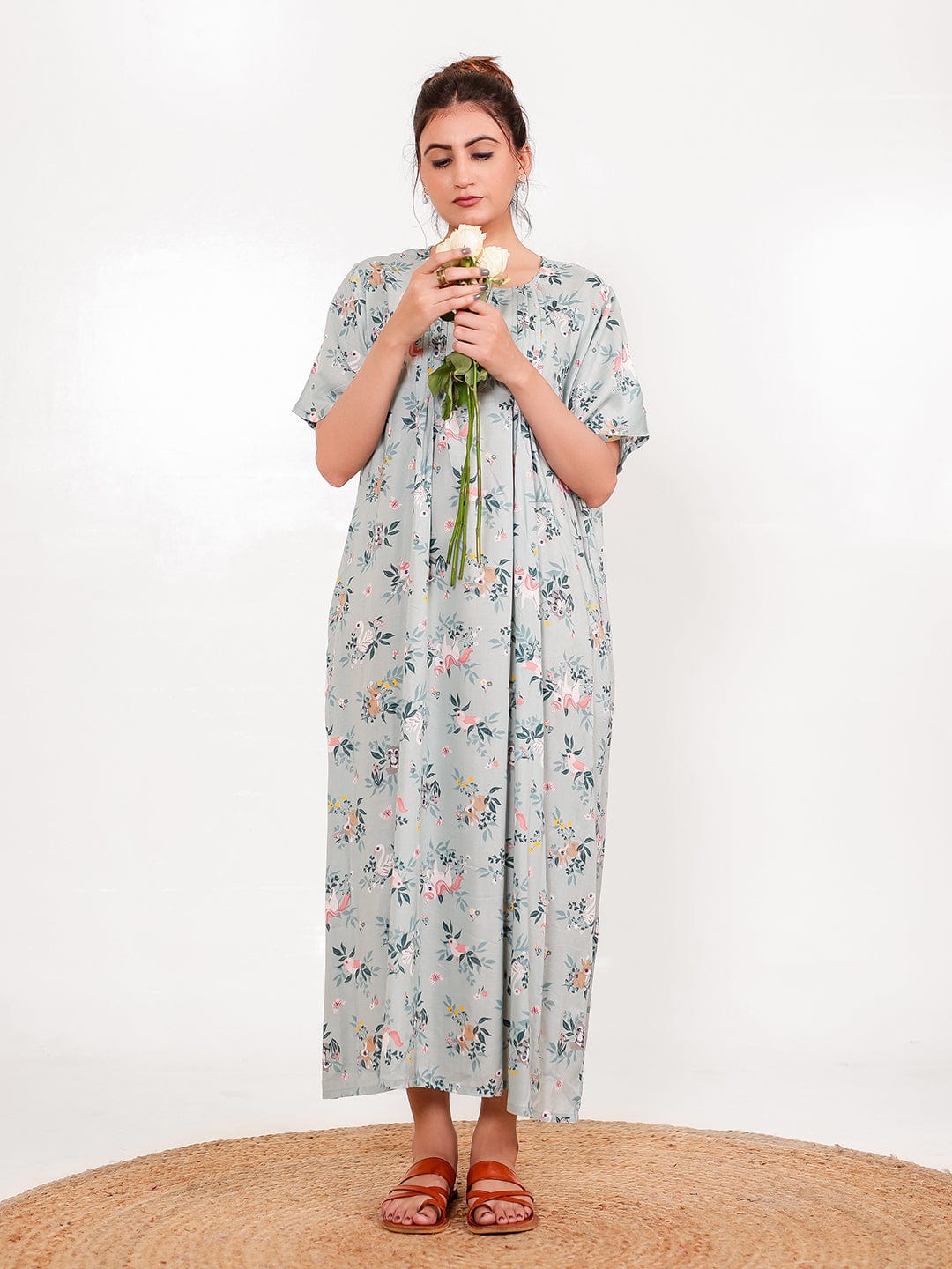 The Kaftan Company Nightdress Sage Print Viscose Rayon Nightdress
