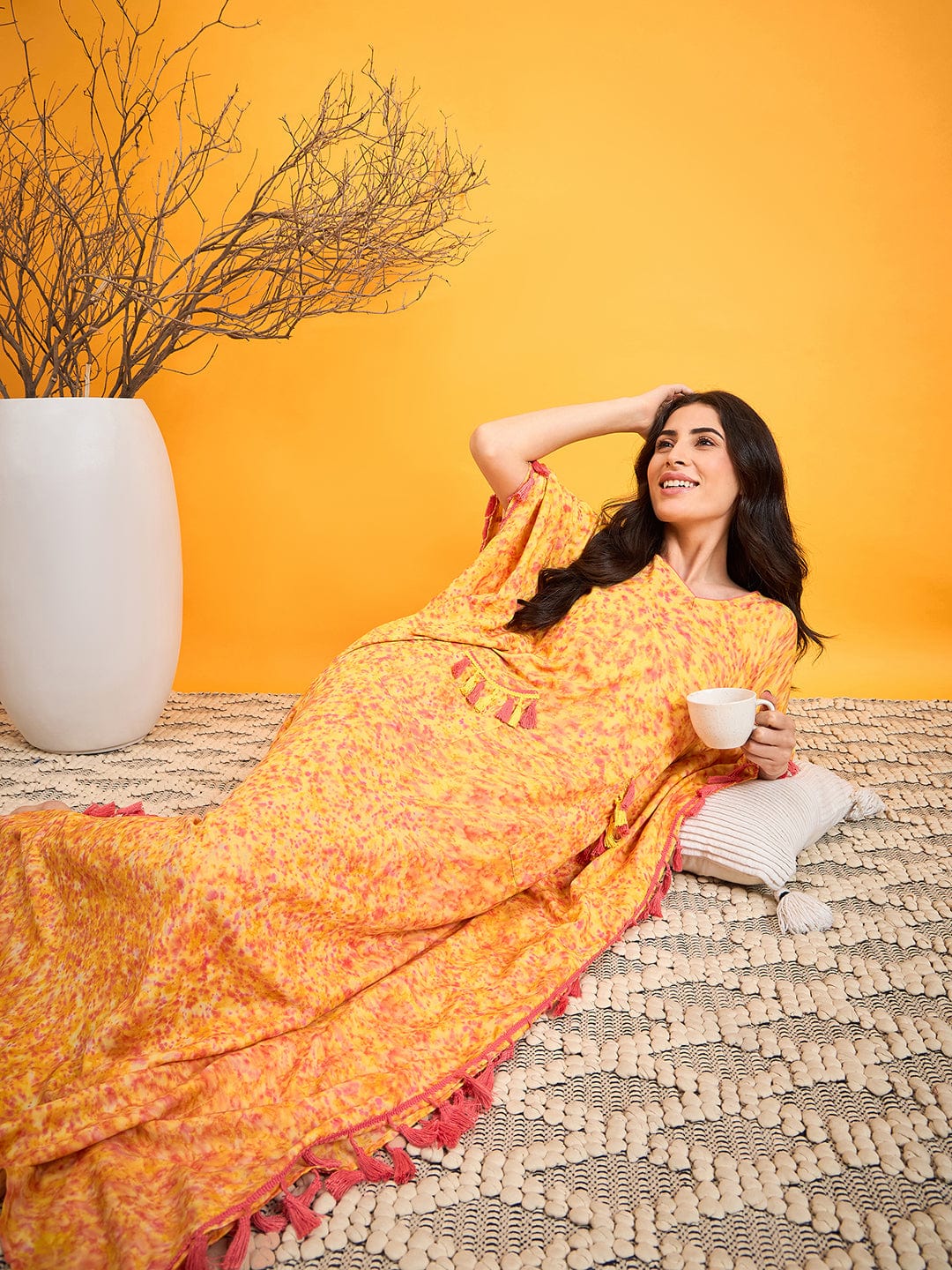 The Kaftan Company Nightdress Scattered Strokes Yellow N Pink Lounge Dress