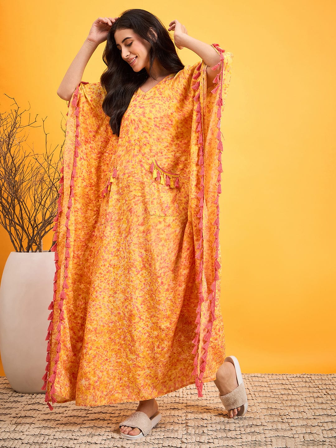 The Kaftan Company Nightdress Scattered Strokes Yellow N Pink Lounge Dress