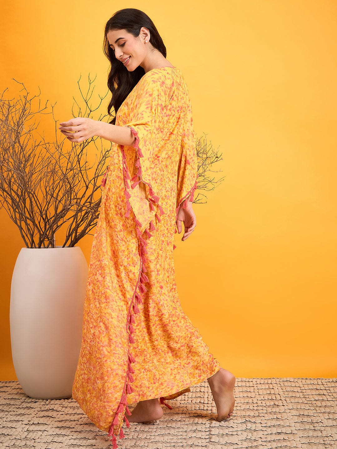 The Kaftan Company Nightdress Scattered Strokes Yellow N Pink Lounge Dress