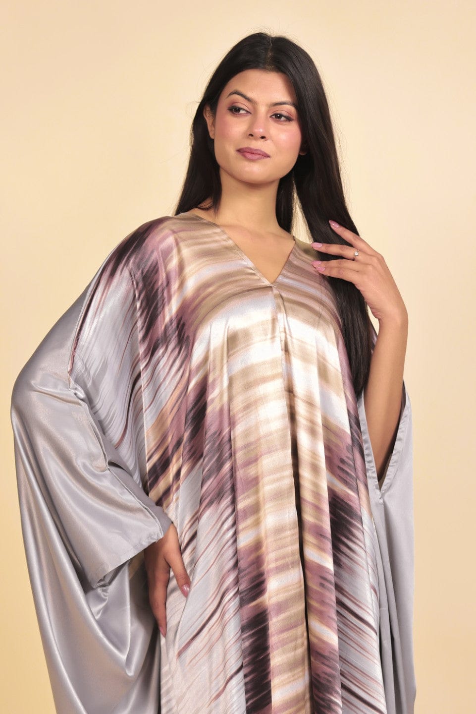 The Kaftan Company Nightdress Silver and Plum Abstract Streak Print Satin Kaftan Nightdress