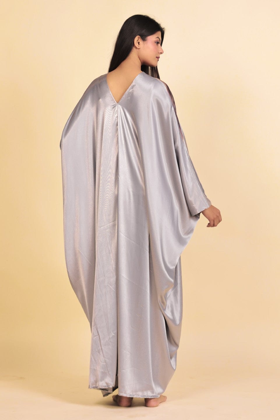 The Kaftan Company Nightdress Silver and Plum Abstract Streak Print Satin Kaftan Nightdress