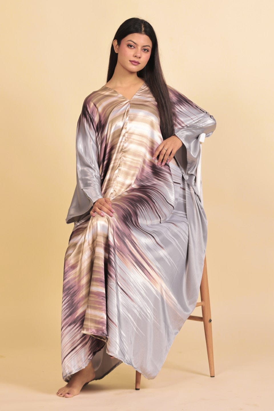 The Kaftan Company Nightdress Silver and Plum Abstract Streak Print Satin Kaftan Nightdress