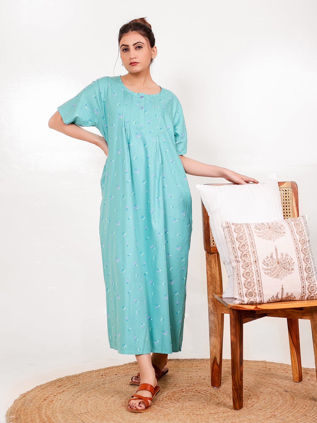 The Kaftan Company Nightdress Sky Blue Viscose Rayon Nightdress with Pockets