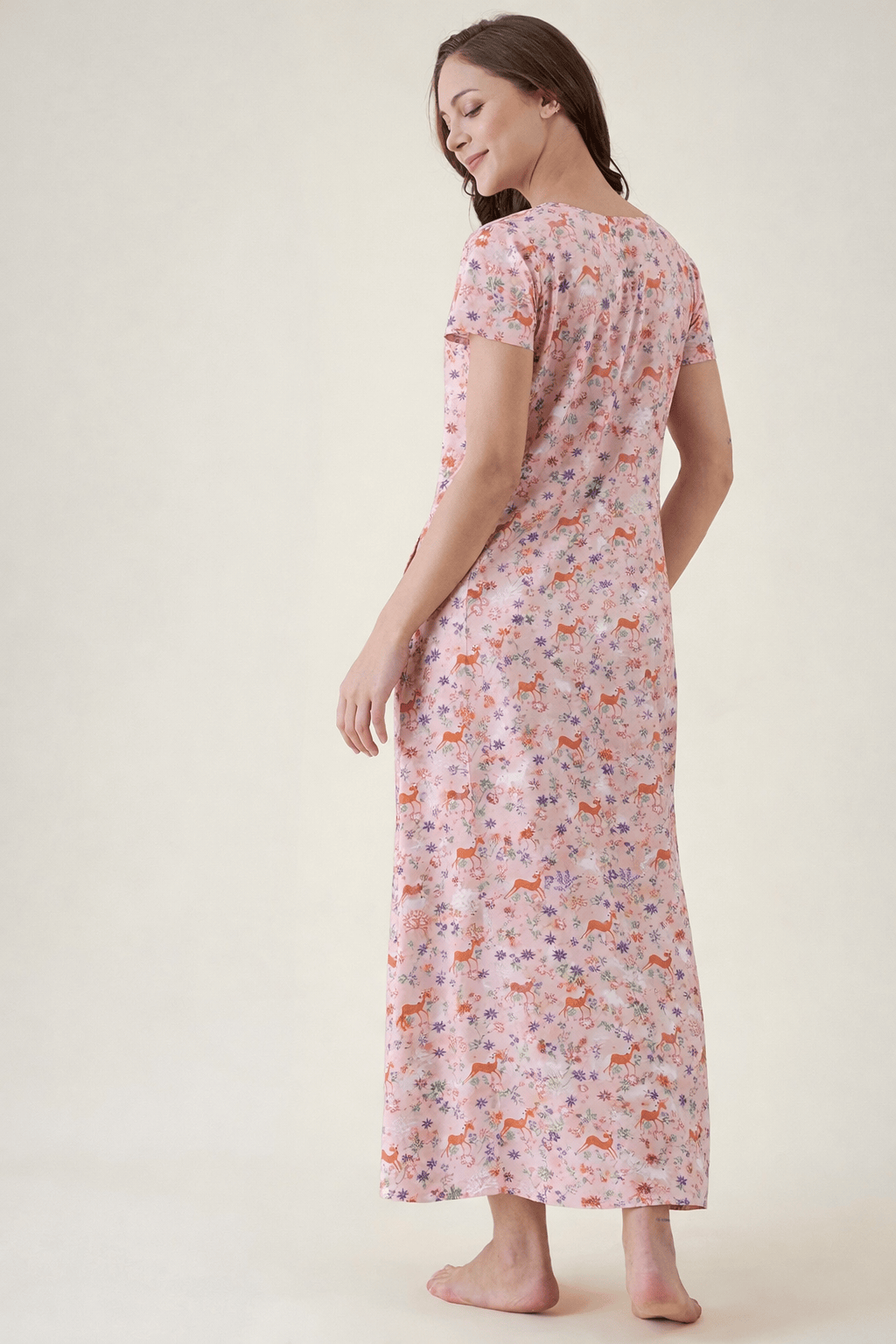 The Kaftan Company Nightdress Soft Printed Pink Viscose Rayon Nightdress with Pockets