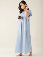 The Kaftan Company Nightdress Solid Blue Cotton Maxi Nightdress