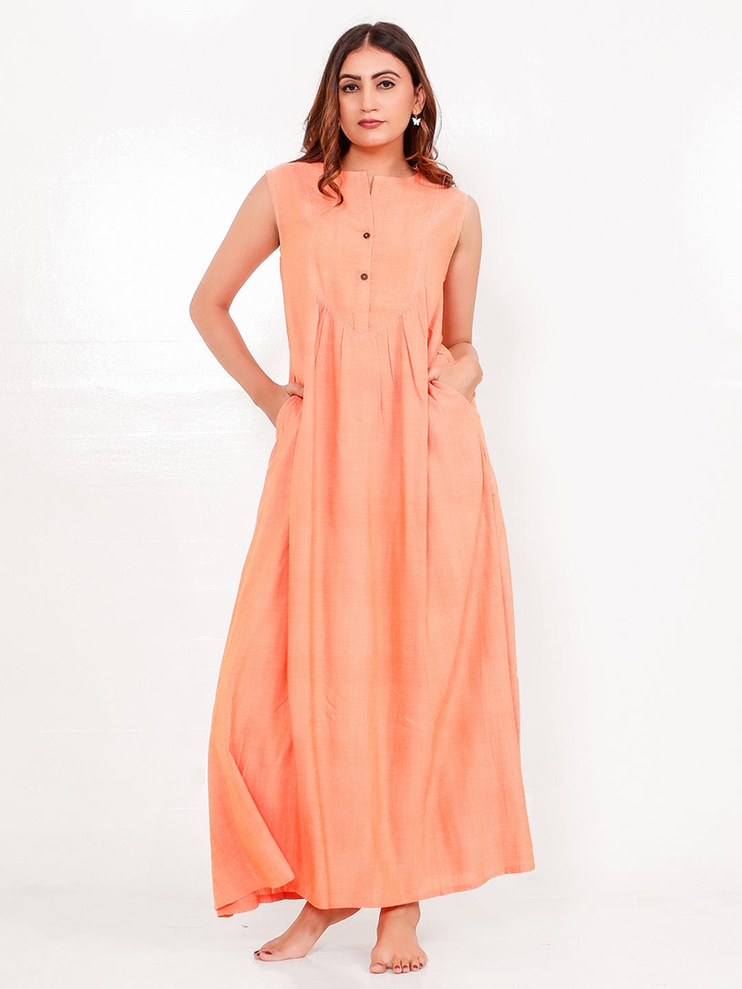 The Kaftan Company Nightdress Solid Peach Viscose-Linen Sleeveless Nightdress