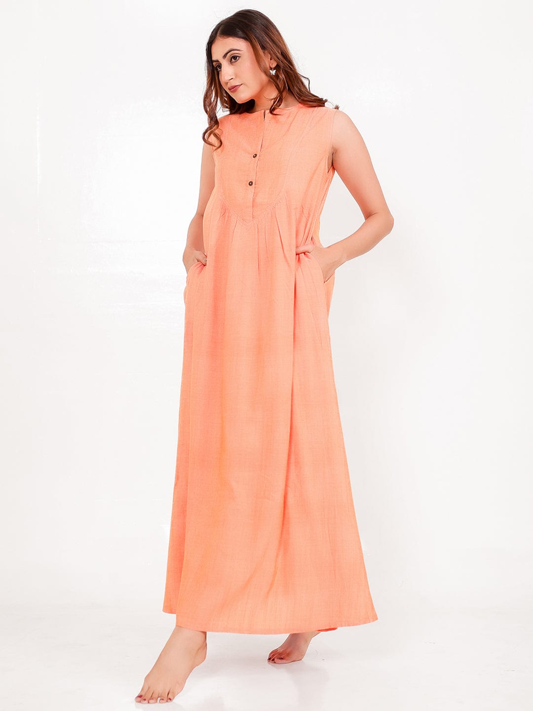 The Kaftan Company Nightdress Solid Peach Viscose-Linen Sleeveless Nightdress